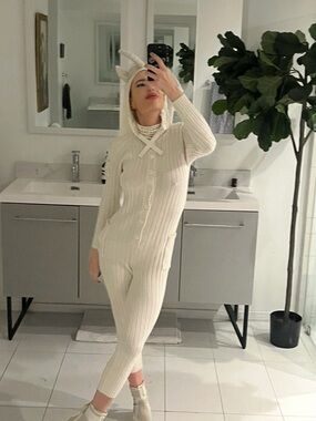 Lamo Cream Ribbed Hooded Onesie with Button Front